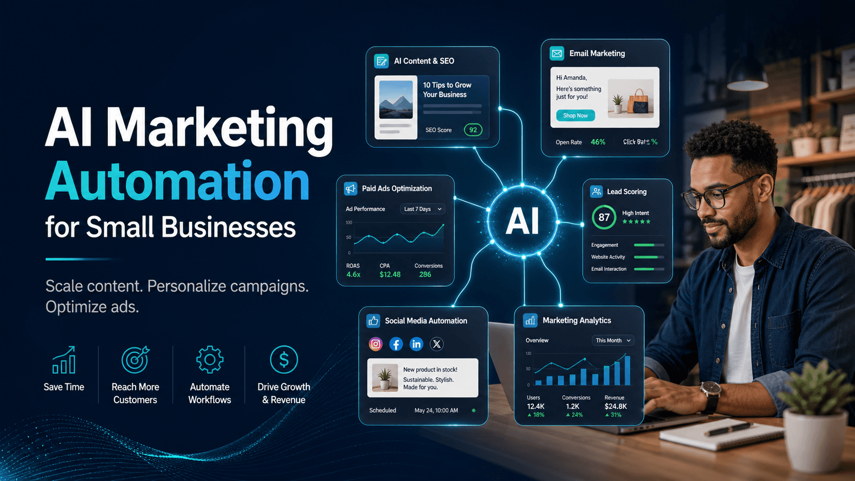 AI marketing automation for small businesses — AI content generation, personalized email, and ad optimization